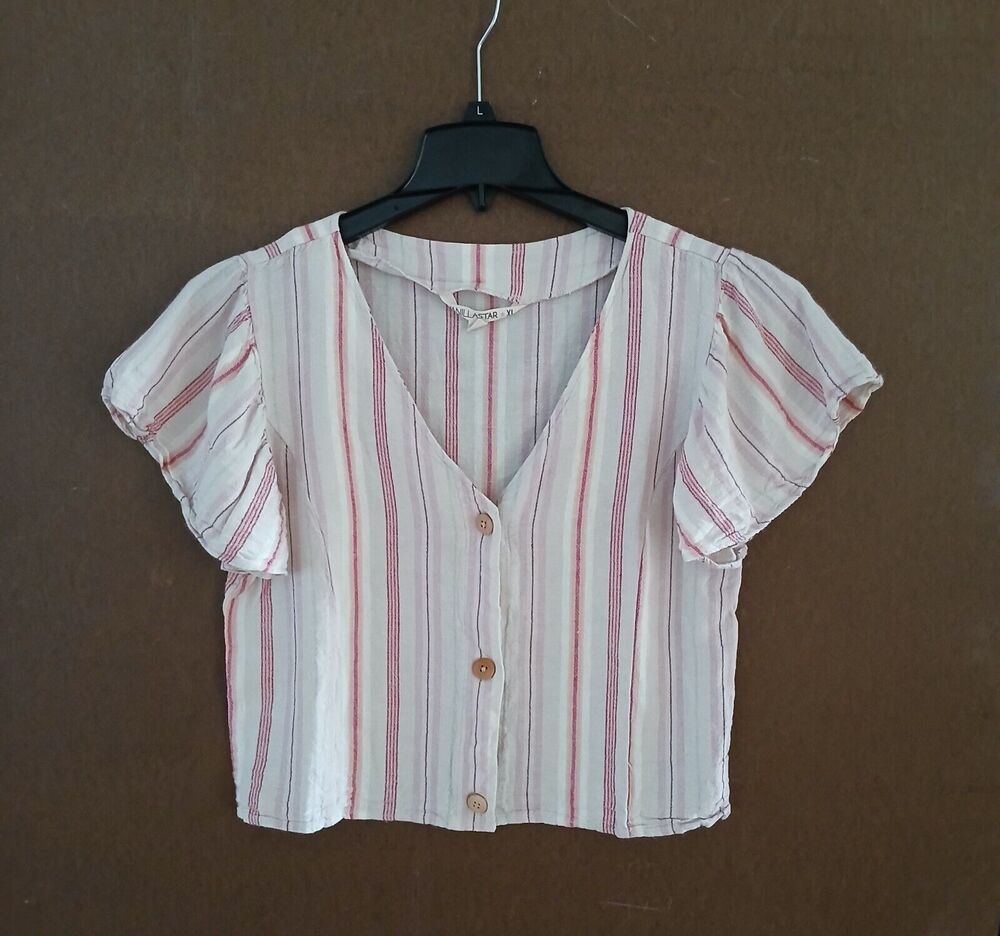 Vanilla Star Linen Short Sleeve Top Striped Comfy Casual Beachy Boho Tropical
